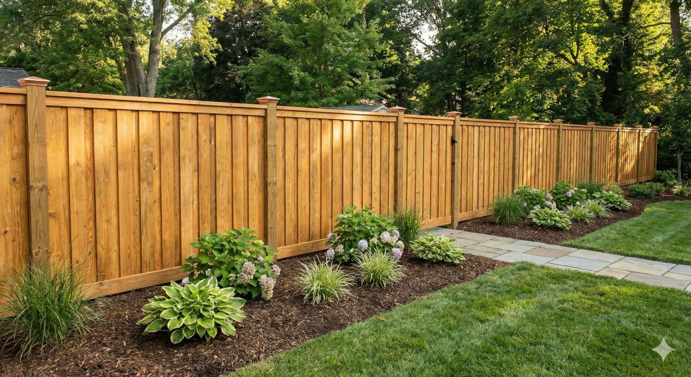 A beautiful wood fence build with pressure-treated lumber.