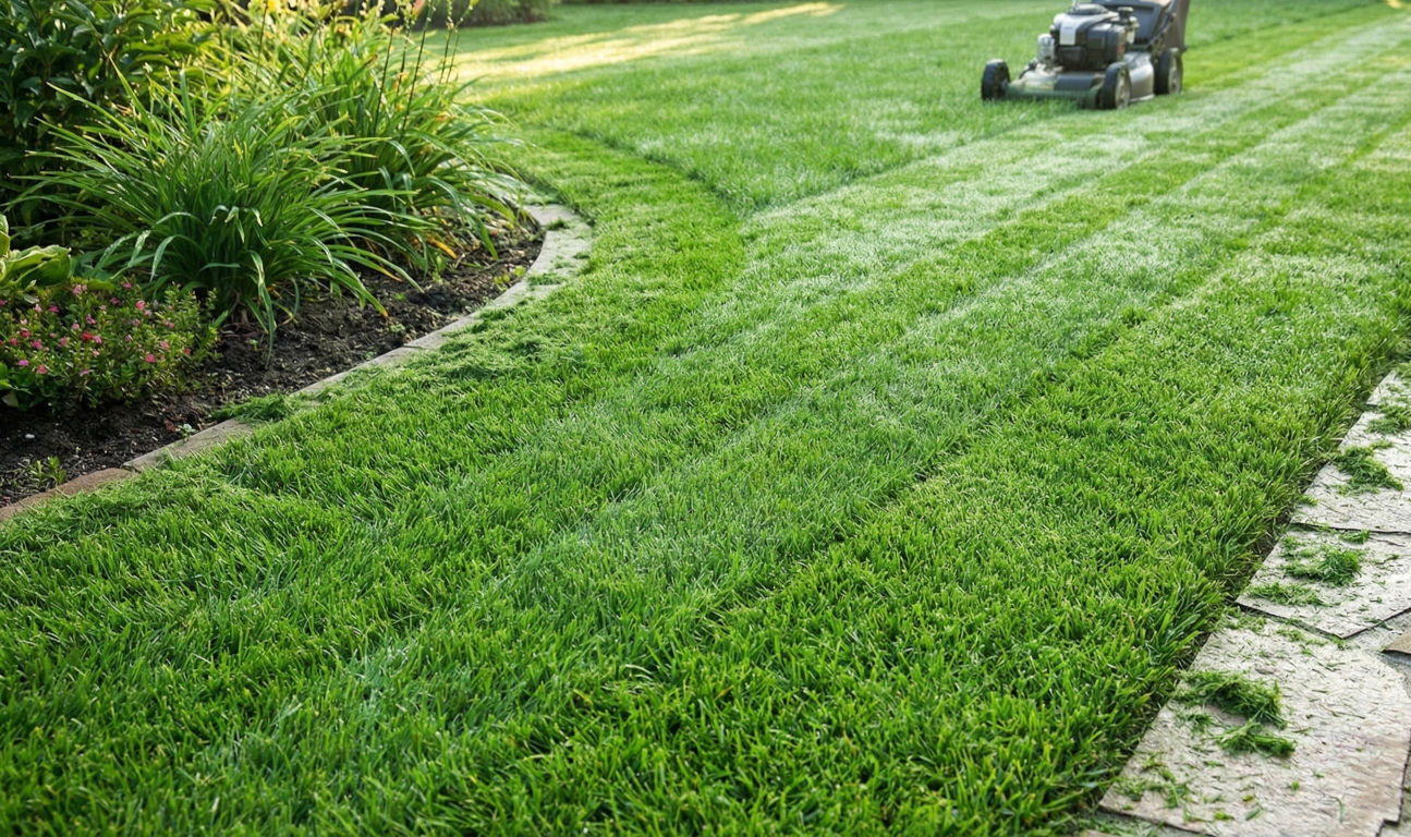 Freshly cut green lawn with sharp edges.
