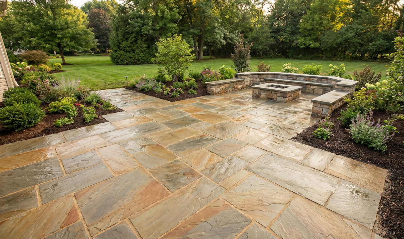 A stone patio with outdoor furniture.